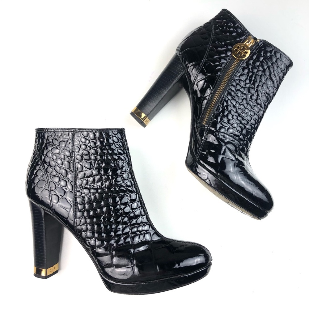 Tory Burch Black Ankle Zip Patent Leather Booties